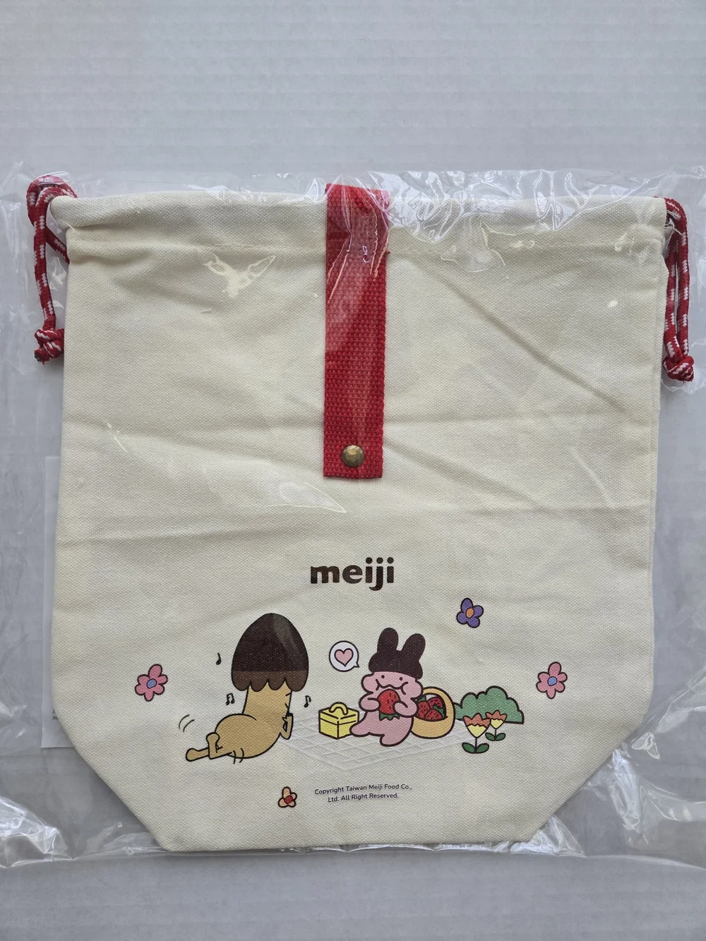 Meiji Cream Canvas Drawstring Tote with Red Strap - NEW 11x10 Inch